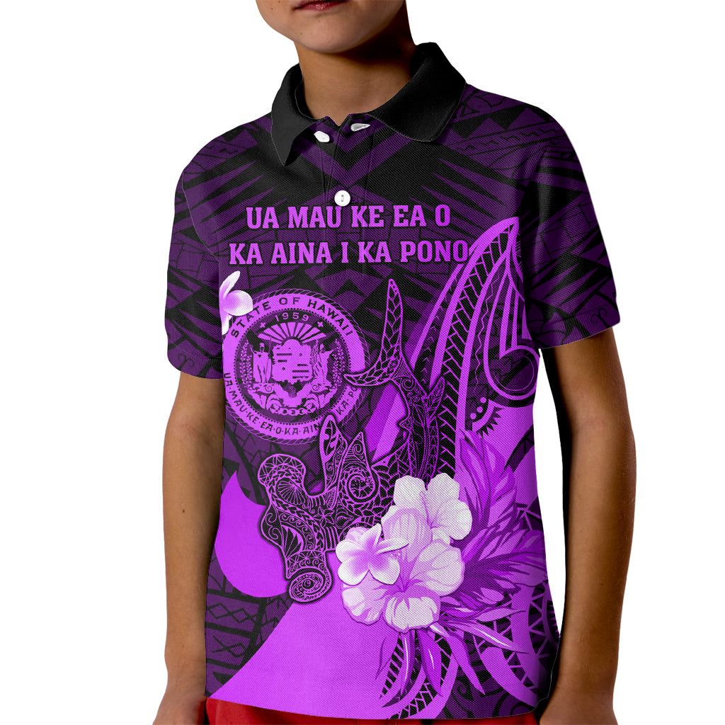 Personalised Hawaii State Motto Kid Polo Shirt Hawaiian Tribal Purple Hammerhead Shark LT05 Kid Purple - Polynesian Pride
