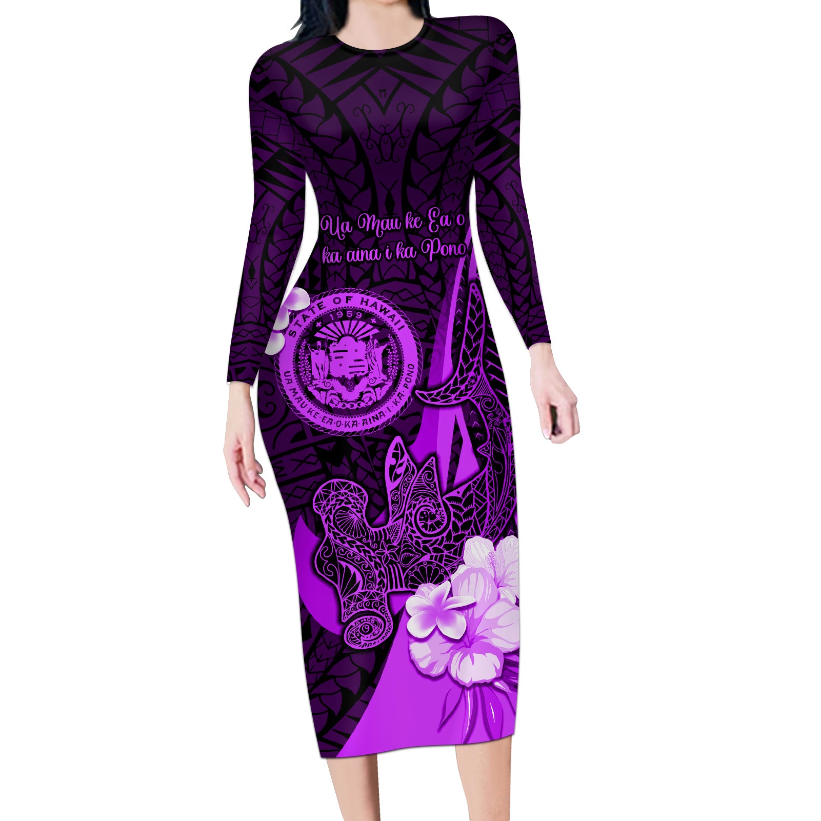 Personalised Hawaii State Motto Long Sleeve Bodycon Dress Hawaiian Tribal Purple Hammerhead Shark LT05 Long Dress Purple - Polynesian Pride