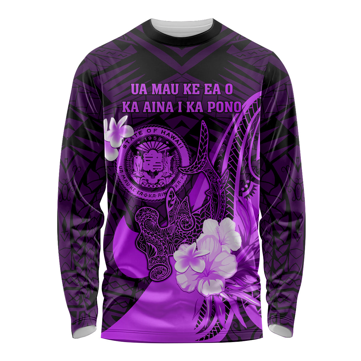 Personalised Hawaii State Motto Long Sleeve Shirt Hawaiian Tribal Purple Hammerhead Shark LT05 Unisex Purple - Polynesian Pride