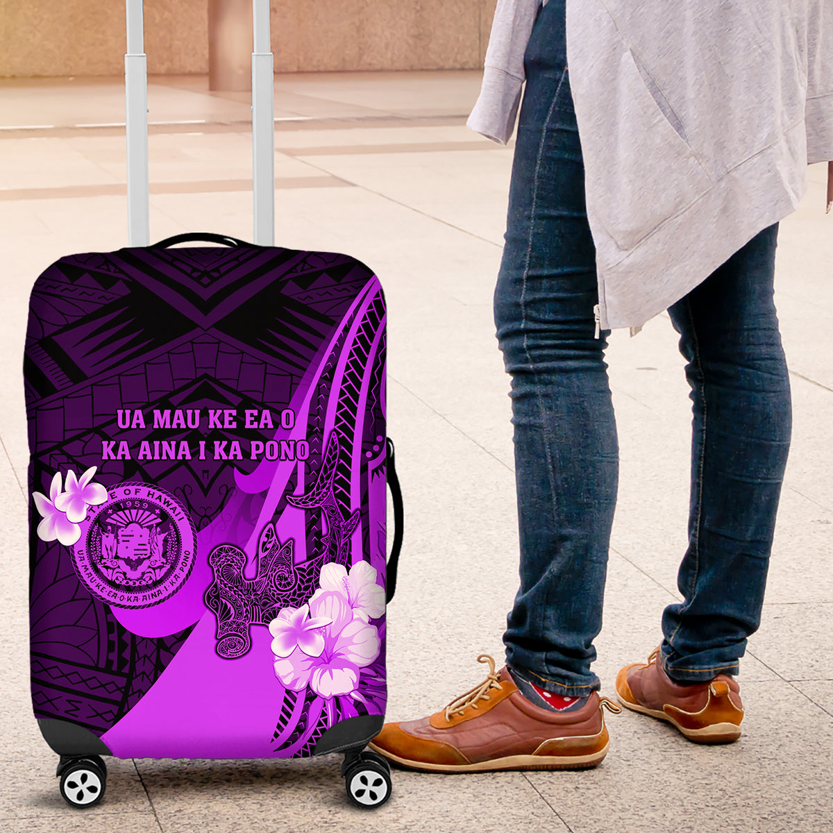 Hawaii State Motto Luggage Cover Hawaiian Tribal Purple Hammerhead Shark LT05 Purple - Polynesian Pride