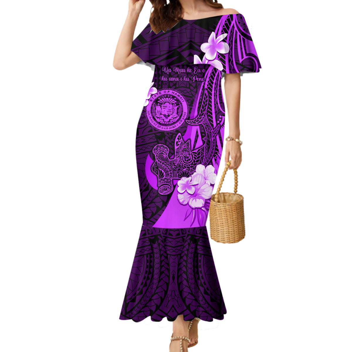 Personalised Hawaii State Motto Mermaid Dress Hawaiian Tribal Purple Hammerhead Shark LT05 Women Purple - Polynesian Pride