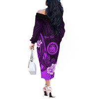 Personalised Hawaii State Motto Off The Shoulder Long Sleeve Dress Hawaiian Tribal Purple Hammerhead Shark LT05 - Polynesian Pride