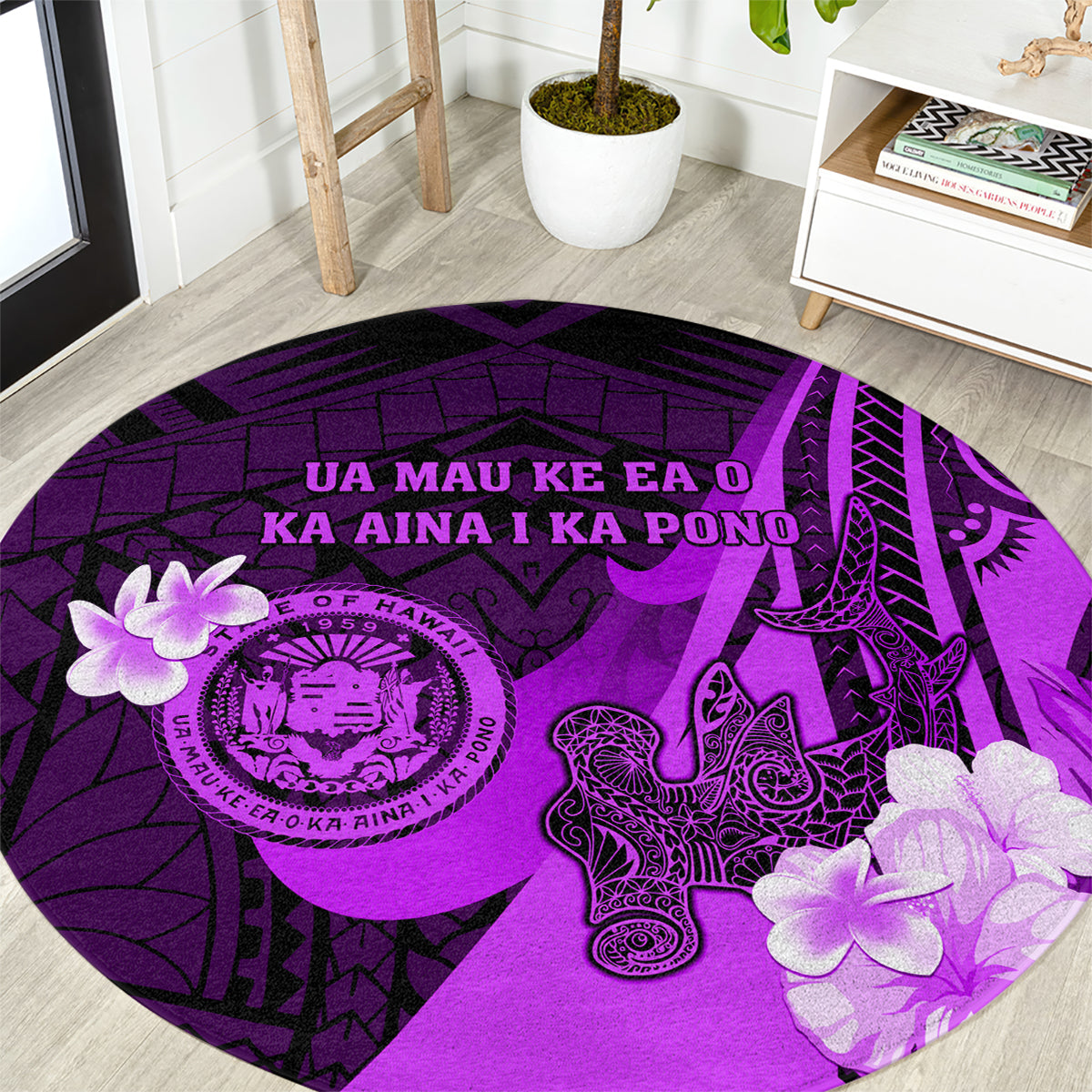 Hawaii State Motto Round Carpet Hawaiian Tribal Purple Hammerhead Shark LT05 Purple - Polynesian Pride