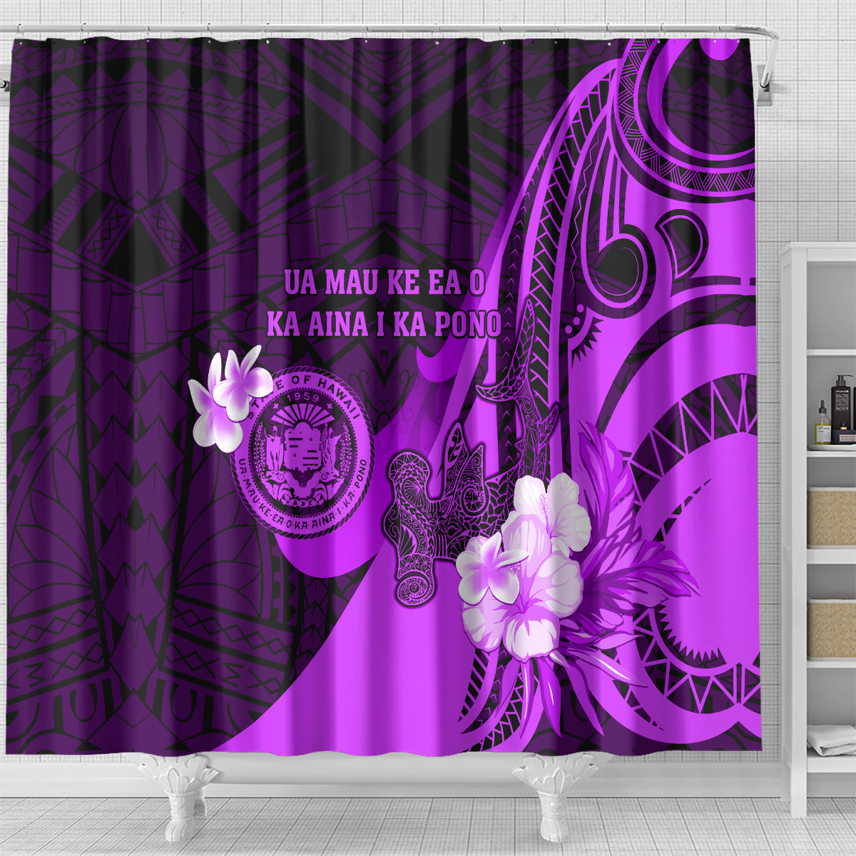 Hawaii State Motto Shower Curtain Hawaiian Tribal Purple Hammerhead Shark LT05 - Polynesian Pride