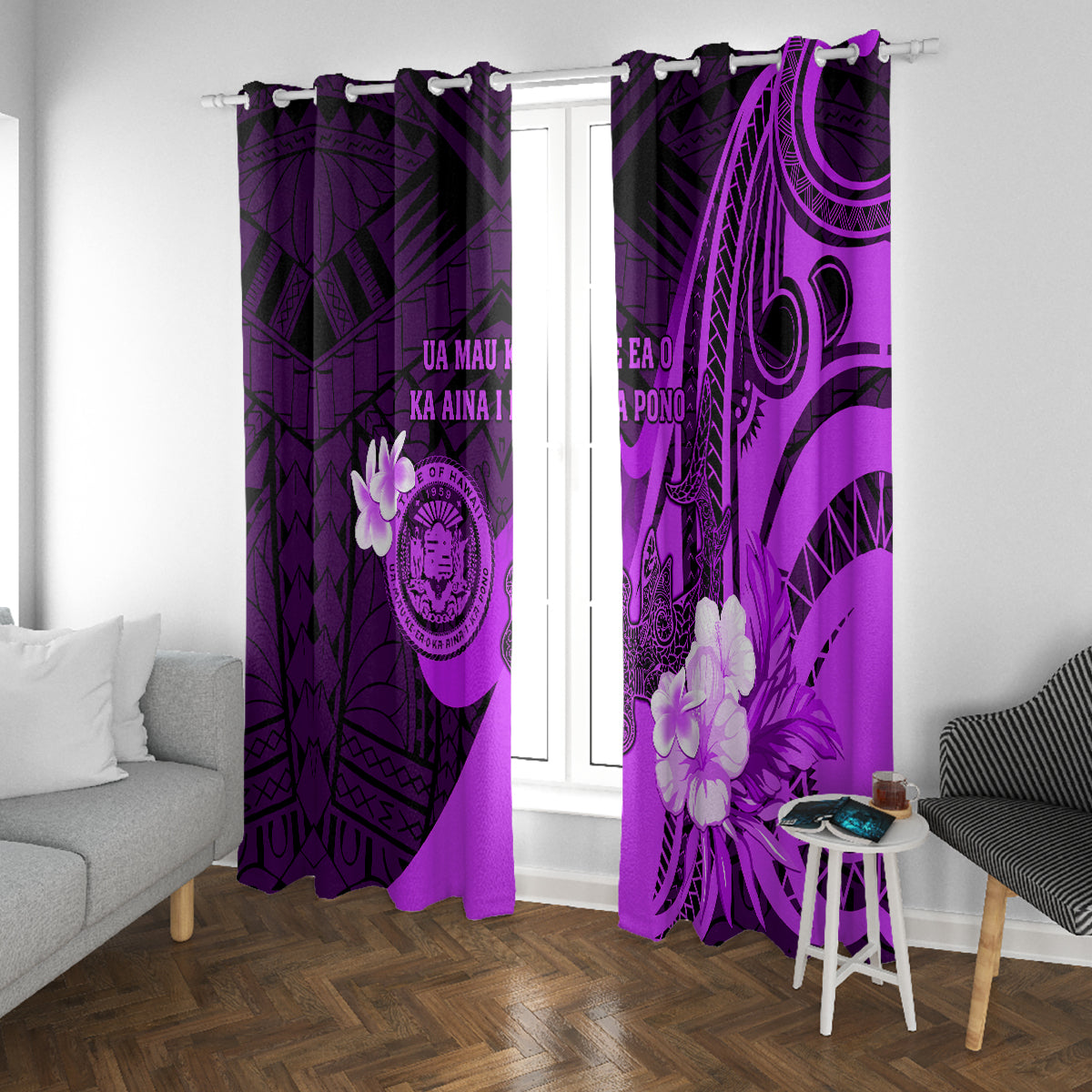 Hawaii State Motto Window Curtain Hawaiian Tribal Purple Hammerhead Shark LT05 With Grommets Purple - Polynesian Pride