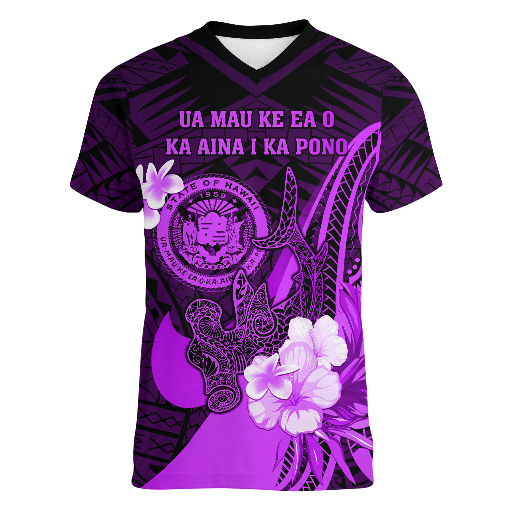 Personalised Hawaii State Motto Women V Neck T Shirt Hawaiian Tribal Purple Hammerhead Shark LT05 Female Purple - Polynesian Pride