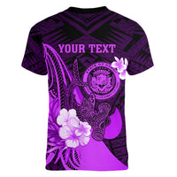 Personalised Hawaii State Motto Women V Neck T Shirt Hawaiian Tribal Purple Hammerhead Shark LT05 - Polynesian Pride