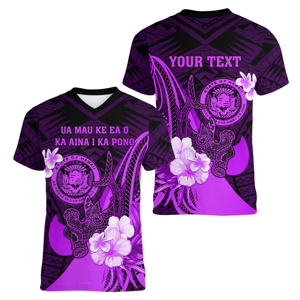 Personalised Hawaii State Motto Women V Neck T Shirt Hawaiian Tribal Purple Hammerhead Shark LT05 - Polynesian Pride