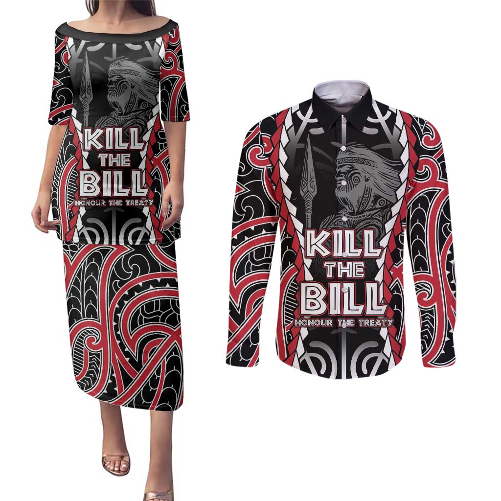 Aotearoa Waitangi Day Couples Matching Puletasi and Long Sleeve Button Shirt Maori Warrior Tribal Tattoo LT05 Black - Polynesian Pride