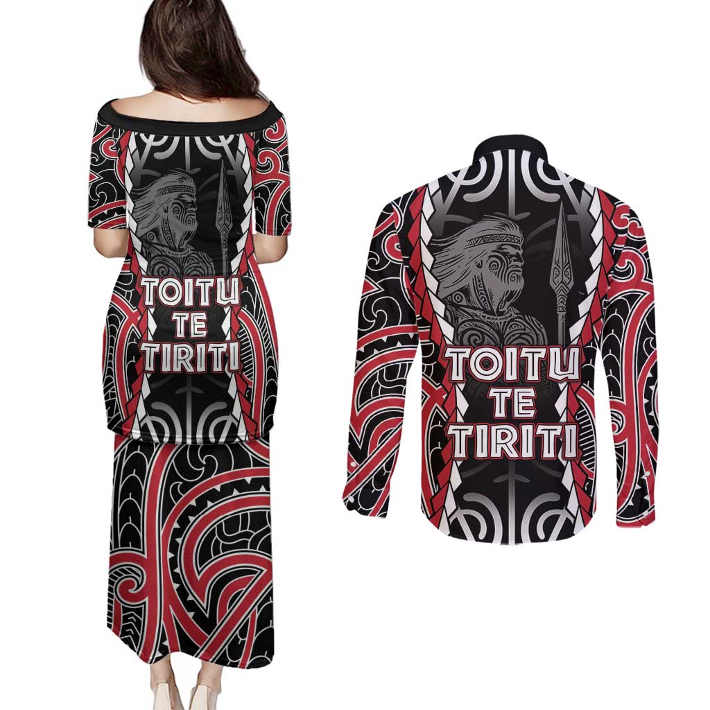 Aotearoa Waitangi Day Couples Matching Puletasi and Long Sleeve Button Shirt Maori Warrior Tribal Tattoo LT05 - Polynesian Pride