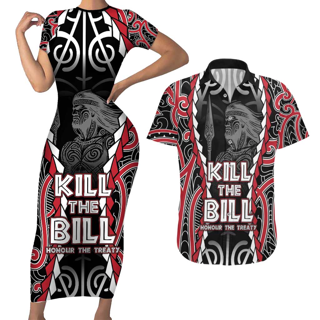 Aotearoa Waitangi Day Couples Matching Short Sleeve Bodycon Dress and Hawaiian Shirt Maori Warrior Tribal Tattoo