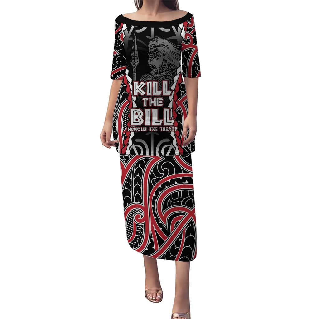 Aotearoa Waitangi Day Puletasi Maori Warrior Tribal Tattoo LT05 Long Dress Black - Polynesian Pride