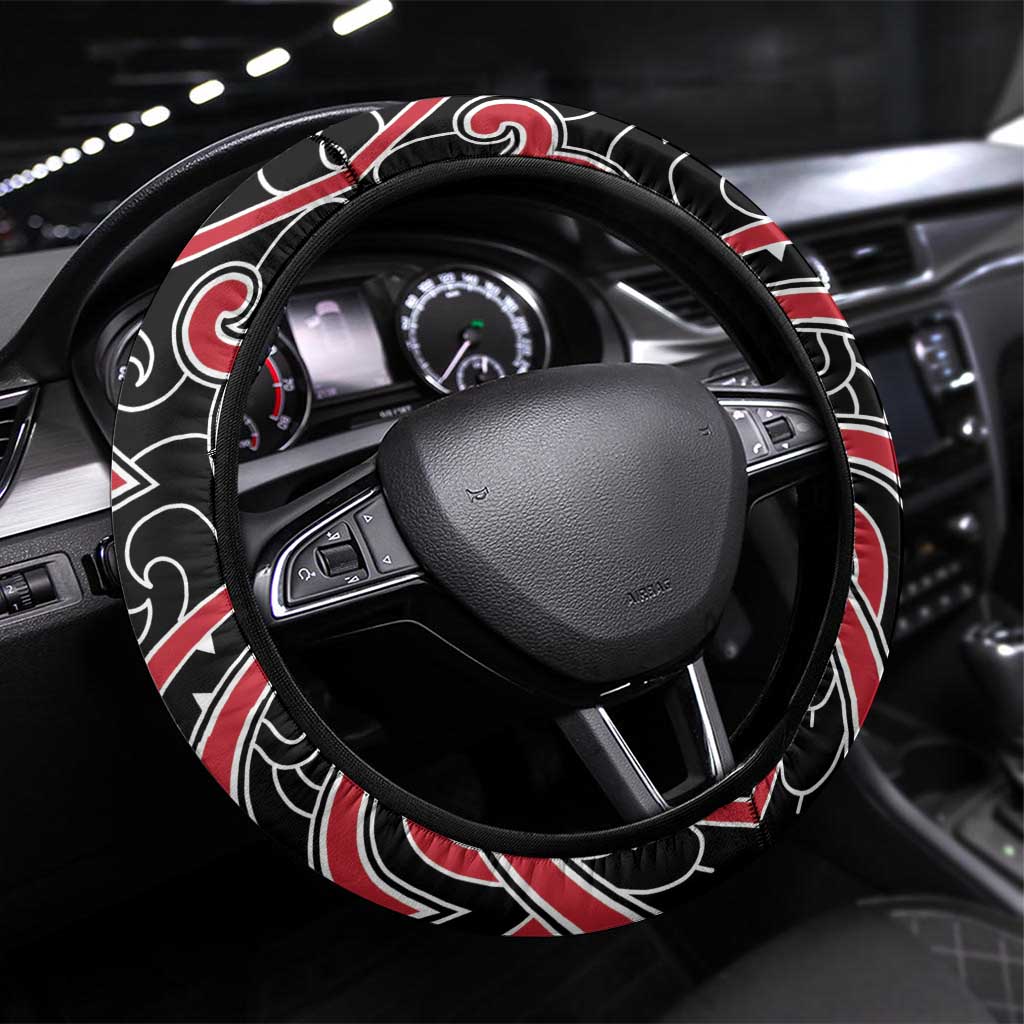 Aotearoa Waitangi Day Steering Wheel Cover Maori Warrior Tribal Tattoo LT05 Universal Fit Black - Polynesian Pride