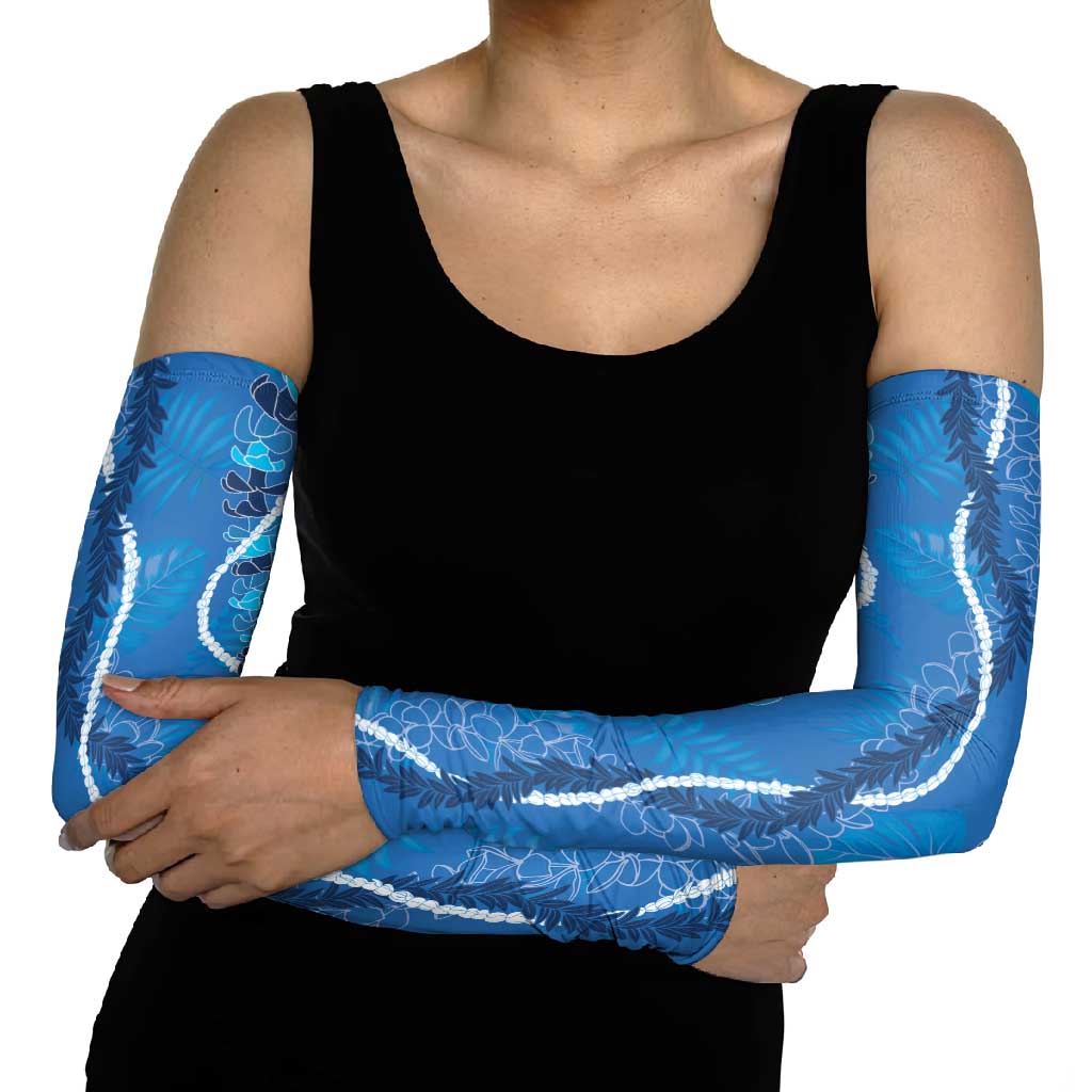 Hawaii Maile Lei Arm Sleeves With Blue Monstera Pattern - Polynesian Pride