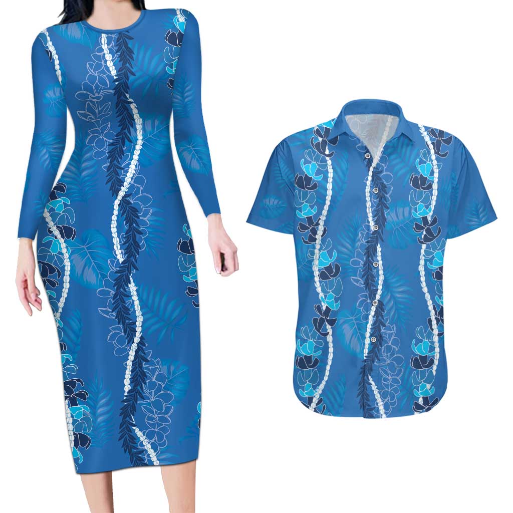 Hawaii Maile Lei Couples Matching Long Sleeve Bodycon Dress and Hawaiian Shirt With Blue Monstera Pattern LT05 Blue - Polynesian Pride