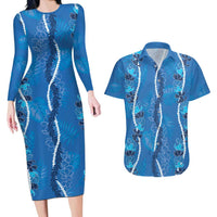 Hawaii Maile Lei Couples Matching Long Sleeve Bodycon Dress and Hawaiian Shirt With Blue Monstera Pattern LT05 Blue - Polynesian Pride