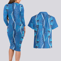 Hawaii Maile Lei Couples Matching Long Sleeve Bodycon Dress and Hawaiian Shirt With Blue Monstera Pattern LT05 - Polynesian Pride