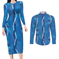 Hawaii Maile Lei Couples Matching Long Sleeve Bodycon Dress and Long Sleeve Button Shirt With Blue Monstera Pattern LT05 Blue - Polynesian Pride
