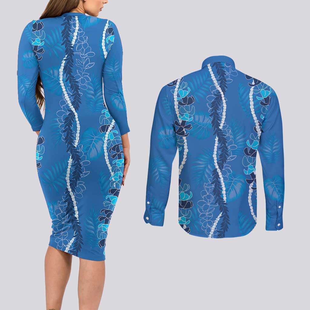 Hawaii Maile Lei Couples Matching Long Sleeve Bodycon Dress and Long Sleeve Button Shirt With Blue Monstera Pattern LT05 - Polynesian Pride