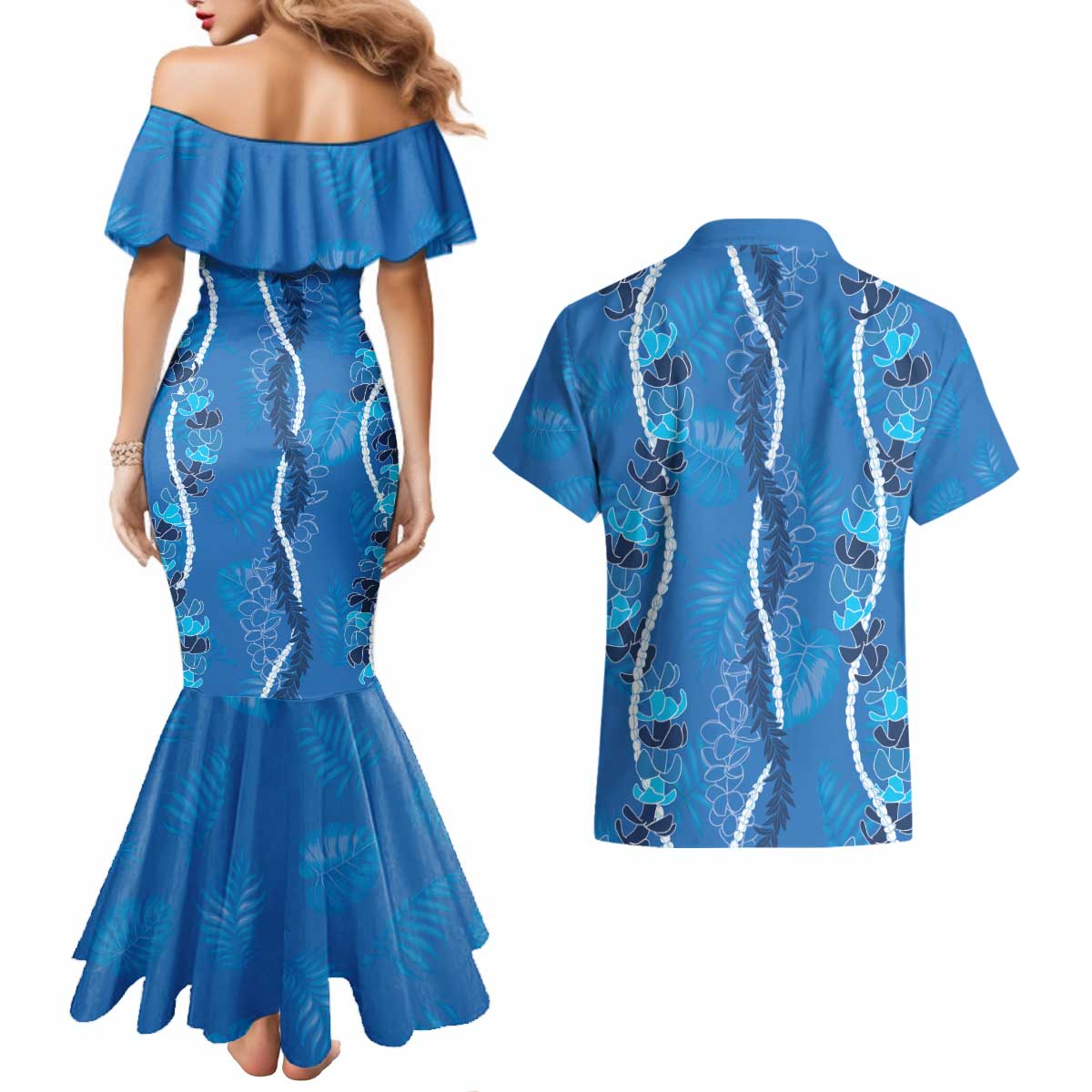 Hawaii Maile Lei Couples Matching Mermaid Dress and Hawaiian Shirt With Blue Monstera Pattern LT05 - Polynesian Pride