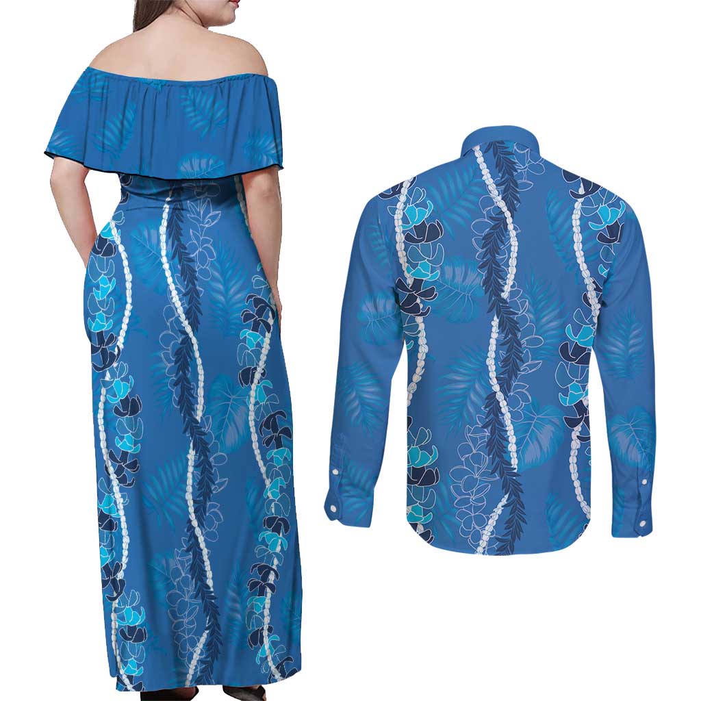 Hawaii Maile Lei Couples Matching Off Shoulder Maxi Dress and Long Sleeve Button Shirt With Blue Monstera Pattern LT05 - Polynesian Pride