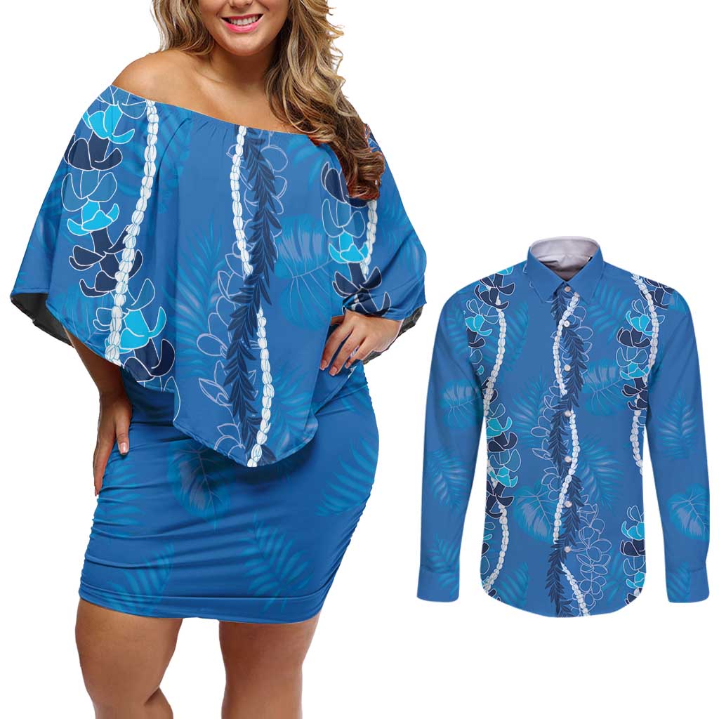 Hawaii Maile Lei Couples Matching Off Shoulder Short Dress and Long Sleeve Button Shirt With Blue Monstera Pattern LT05 Blue - Polynesian Pride