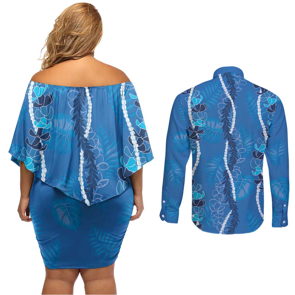 Hawaii Maile Lei Couples Matching Off Shoulder Short Dress and Long Sleeve Button Shirt With Blue Monstera Pattern LT05 - Polynesian Pride