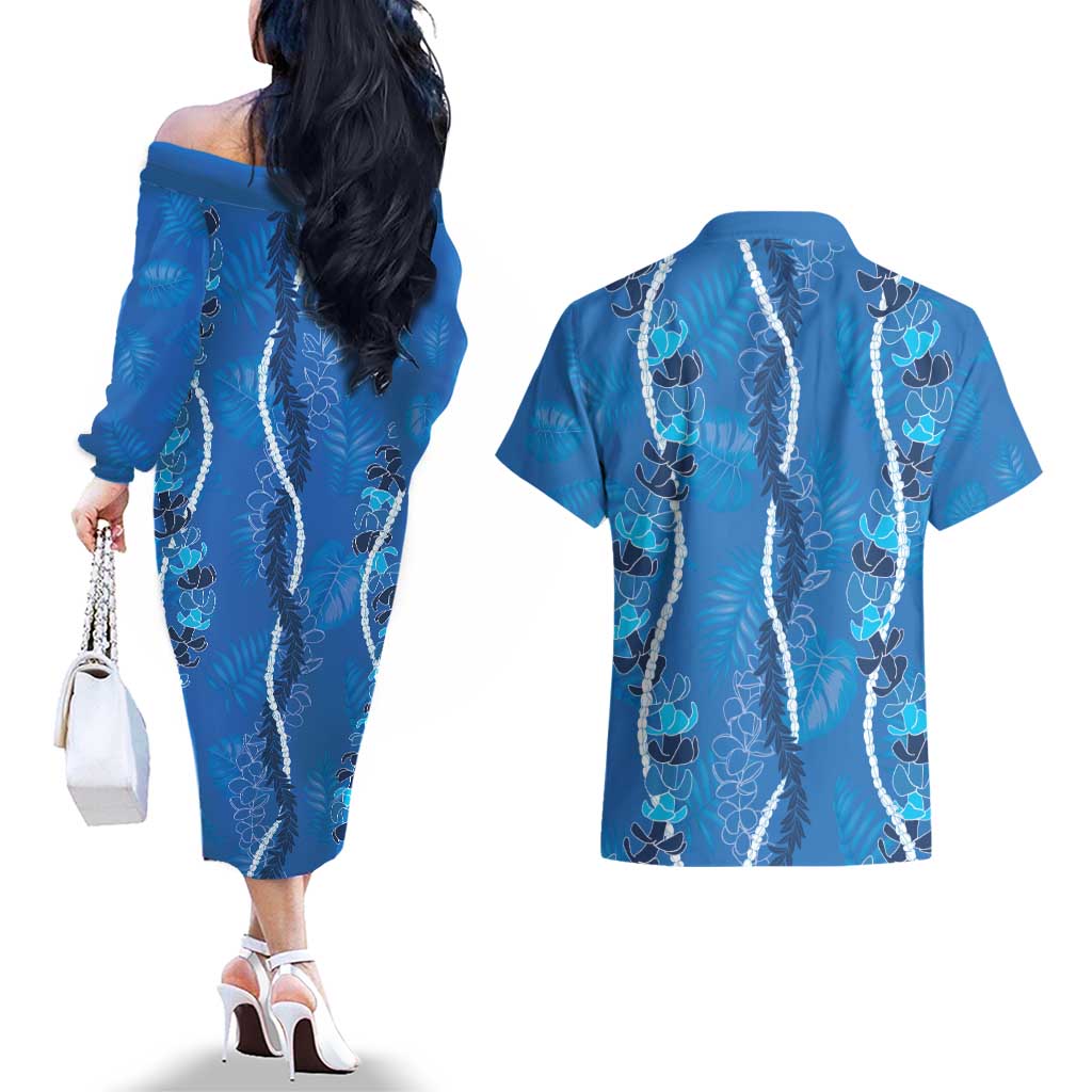 Hawaii Maile Lei Couples Matching Off The Shoulder Long Sleeve Dress and Hawaiian Shirt With Blue Monstera Pattern LT05 - Polynesian Pride