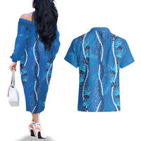 Hawaii Maile Lei Couples Matching Off The Shoulder Long Sleeve Dress and Hawaiian Shirt With Blue Monstera Pattern LT05 - Polynesian Pride