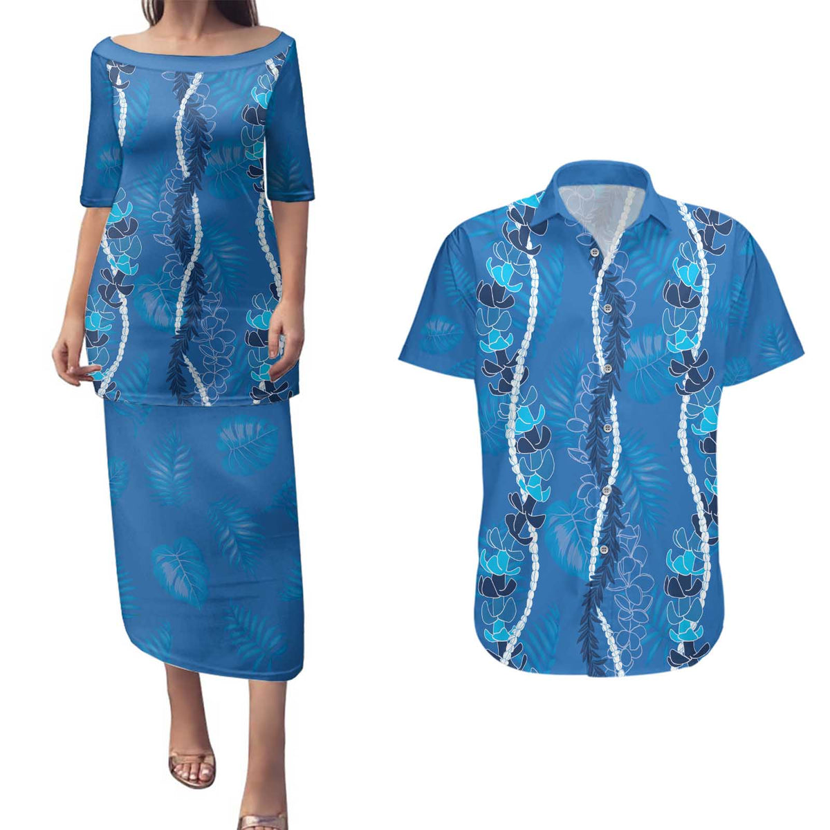 Hawaii Maile Lei Couples Matching Puletasi and Hawaiian Shirt With Blue Monstera Pattern LT05 Blue - Polynesian Pride