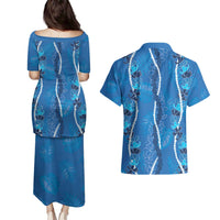 Hawaii Maile Lei Couples Matching Puletasi and Hawaiian Shirt With Blue Monstera Pattern LT05 - Polynesian Pride
