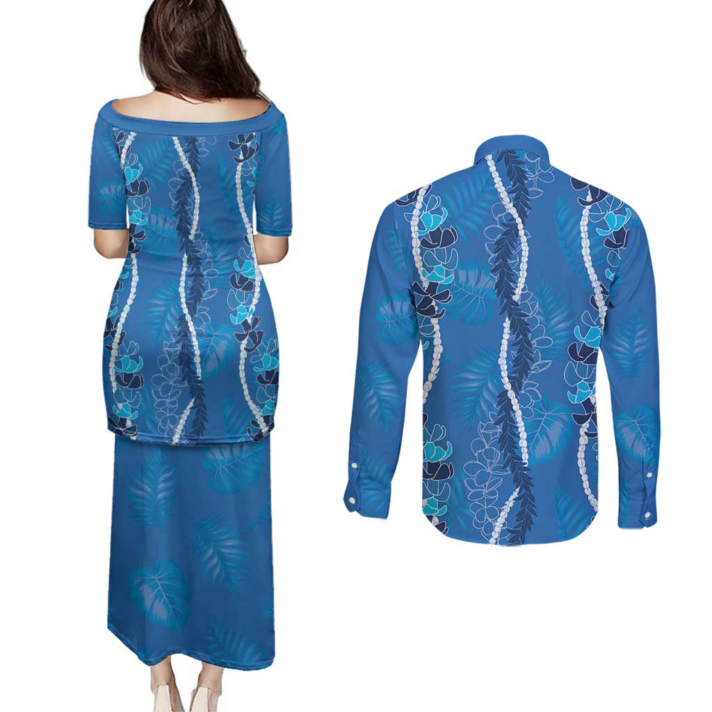 Hawaii Maile Lei Couples Matching Puletasi and Long Sleeve Button Shirt With Blue Monstera Pattern LT05 - Polynesian Pride