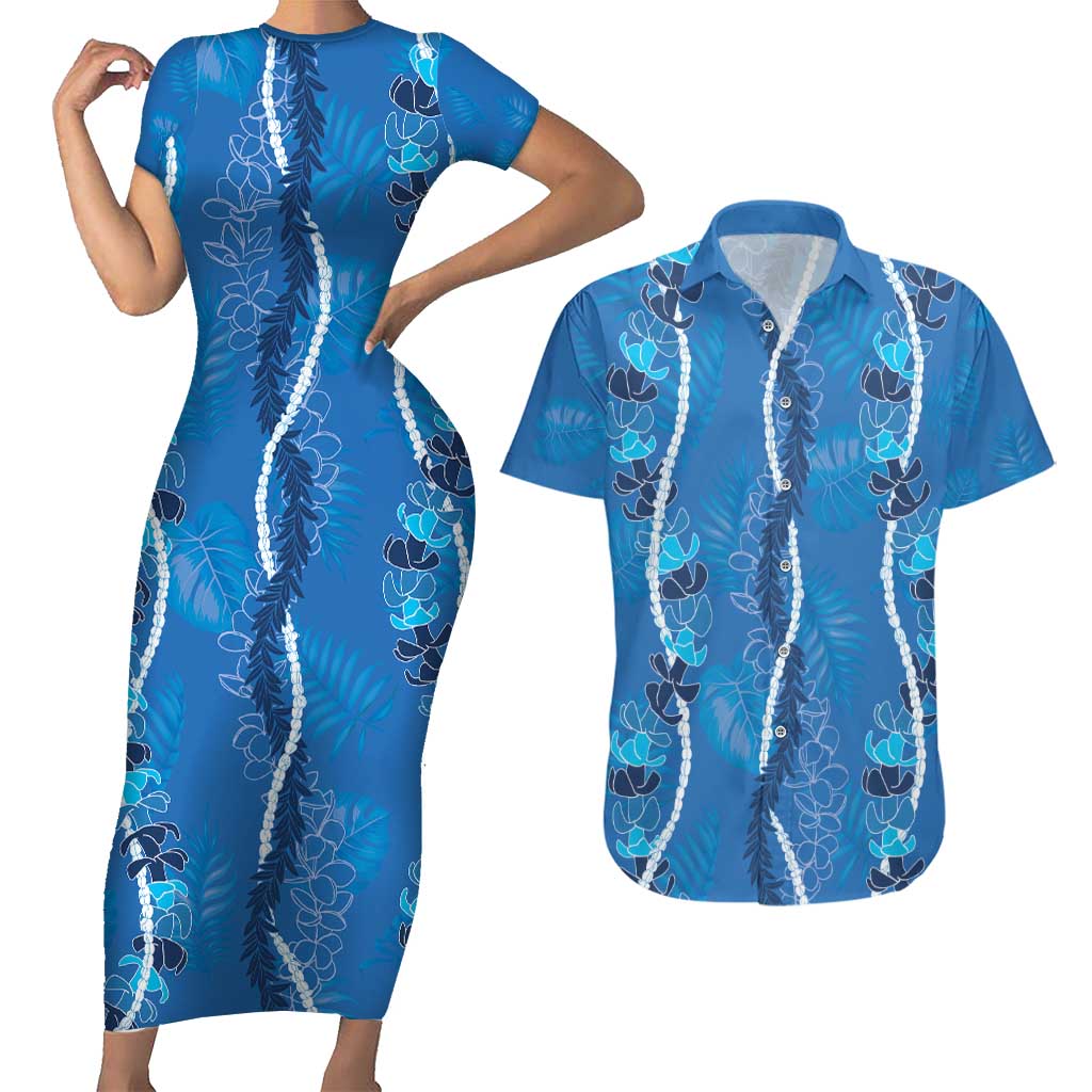Hawaii Maile Lei Couples Matching Short Sleeve Bodycon Dress and Hawaiian Shirt With Blue Monstera Pattern LT05 Blue - Polynesian Pride