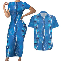 Hawaii Maile Lei Couples Matching Short Sleeve Bodycon Dress and Hawaiian Shirt With Blue Monstera Pattern LT05 Blue - Polynesian Pride