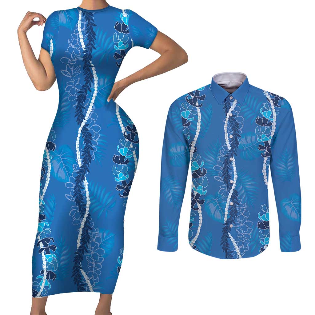 Hawaii Maile Lei Couples Matching Short Sleeve Bodycon Dress and Long Sleeve Button Shirt With Blue Monstera Pattern LT05 Blue - Polynesian Pride