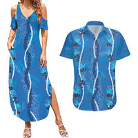 Hawaii Maile Lei Couples Matching Summer Maxi Dress and Hawaiian Shirt With Blue Monstera Pattern LT05 Blue - Polynesian Pride