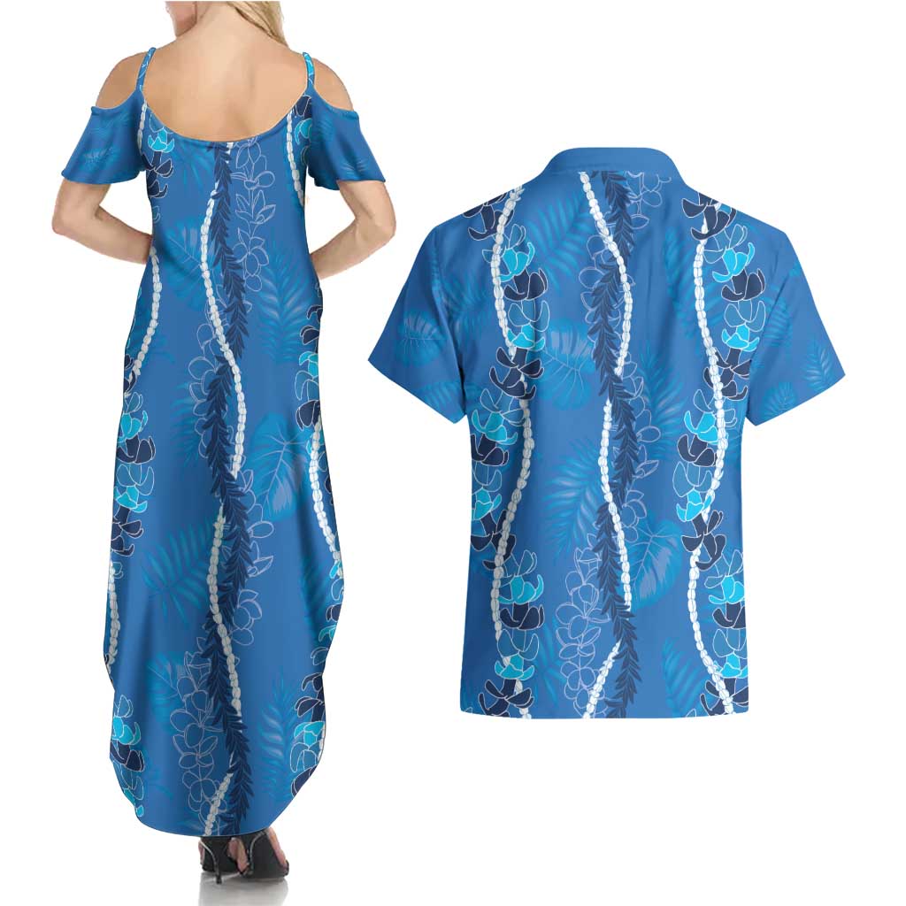 Hawaii Maile Lei Couples Matching Summer Maxi Dress and Hawaiian Shirt With Blue Monstera Pattern LT05 - Polynesian Pride