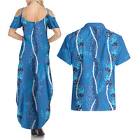 Hawaii Maile Lei Couples Matching Summer Maxi Dress and Hawaiian Shirt With Blue Monstera Pattern LT05 - Polynesian Pride
