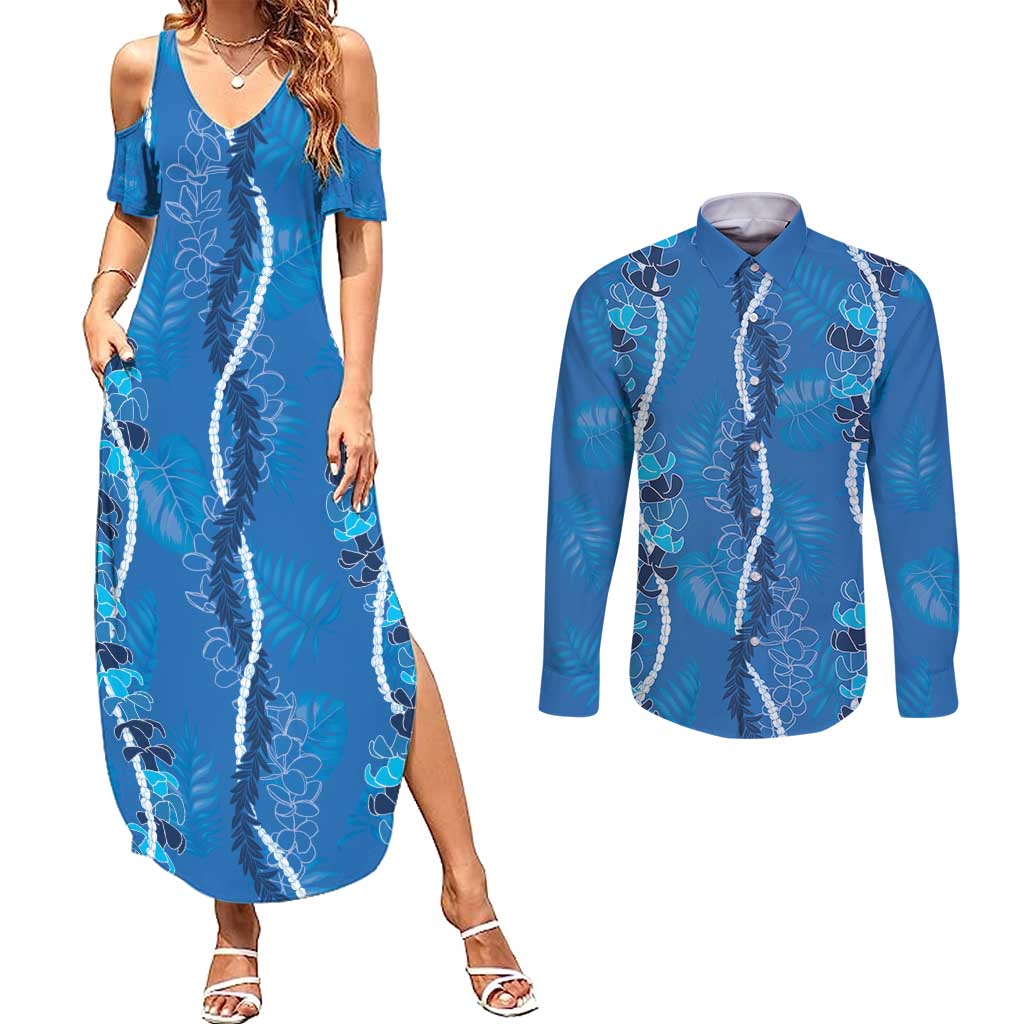 Hawaii Maile Lei Couples Matching Summer Maxi Dress and Long Sleeve Button Shirt With Blue Monstera Pattern LT05 Blue - Polynesian Pride