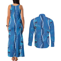 Hawaii Maile Lei Couples Matching Tank Maxi Dress and Long Sleeve Button Shirt With Blue Monstera Pattern LT05 - Polynesian Pride
