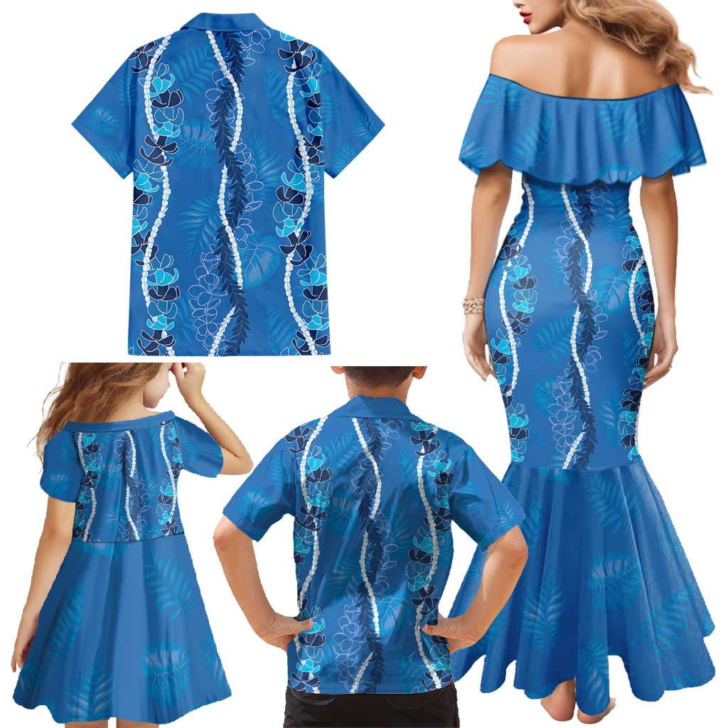 Hawaii Maile Lei Family Matching Mermaid Dress and Hawaiian Shirt With Blue Monstera Pattern