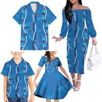 Hawaii Maile Lei Family Matching Off The Shoulder Long Sleeve Dress and Hawaiian Shirt With Blue Monstera Pattern