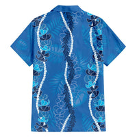 Hawaii Maile Lei Family Matching Off Shoulder Short Dress and Hawaiian Shirt With Blue Monstera Pattern