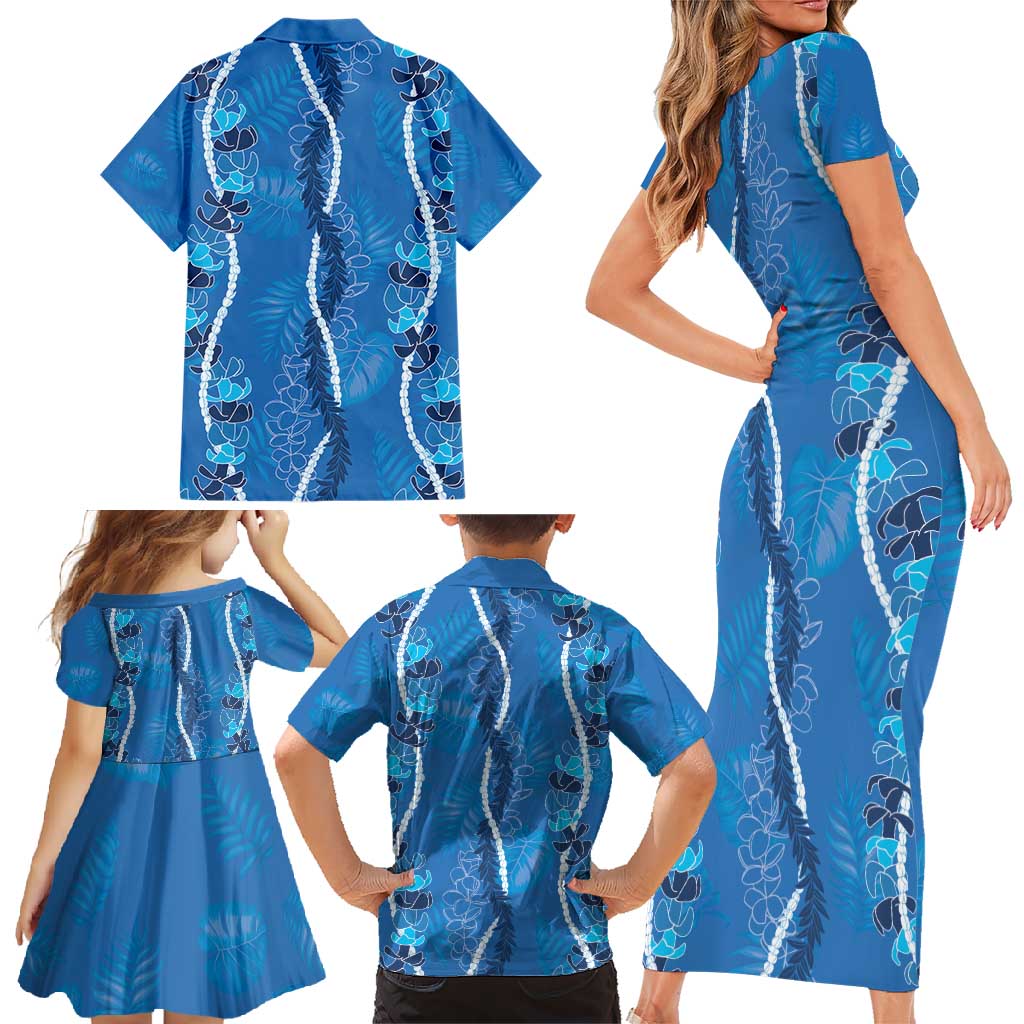 Hawaii Maile Lei Family Matching Short Sleeve Bodycon Dress and Hawaiian Shirt With Blue Monstera Pattern