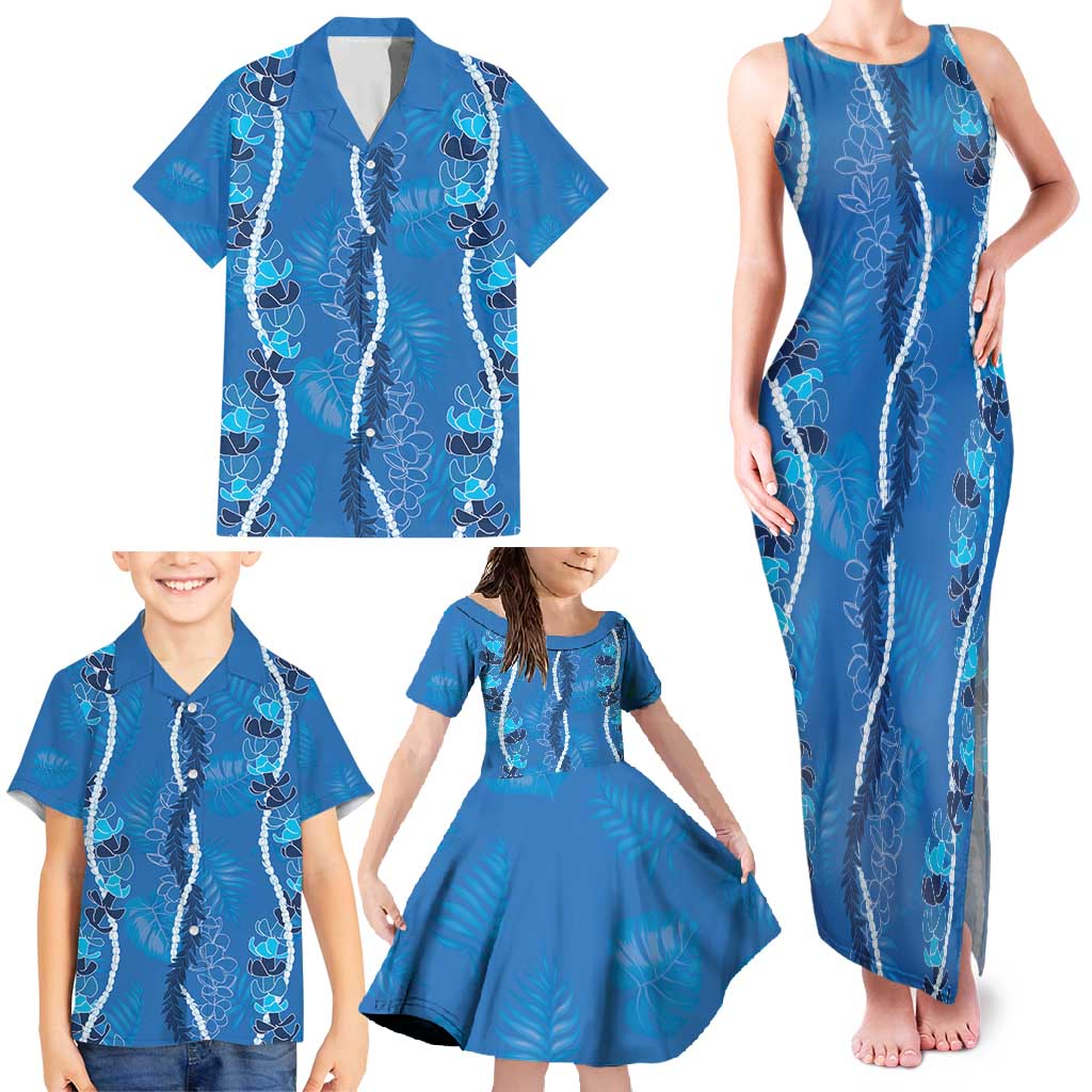 Hawaii Maile Lei Family Matching Tank Maxi Dress and Hawaiian Shirt With Blue Monstera Pattern