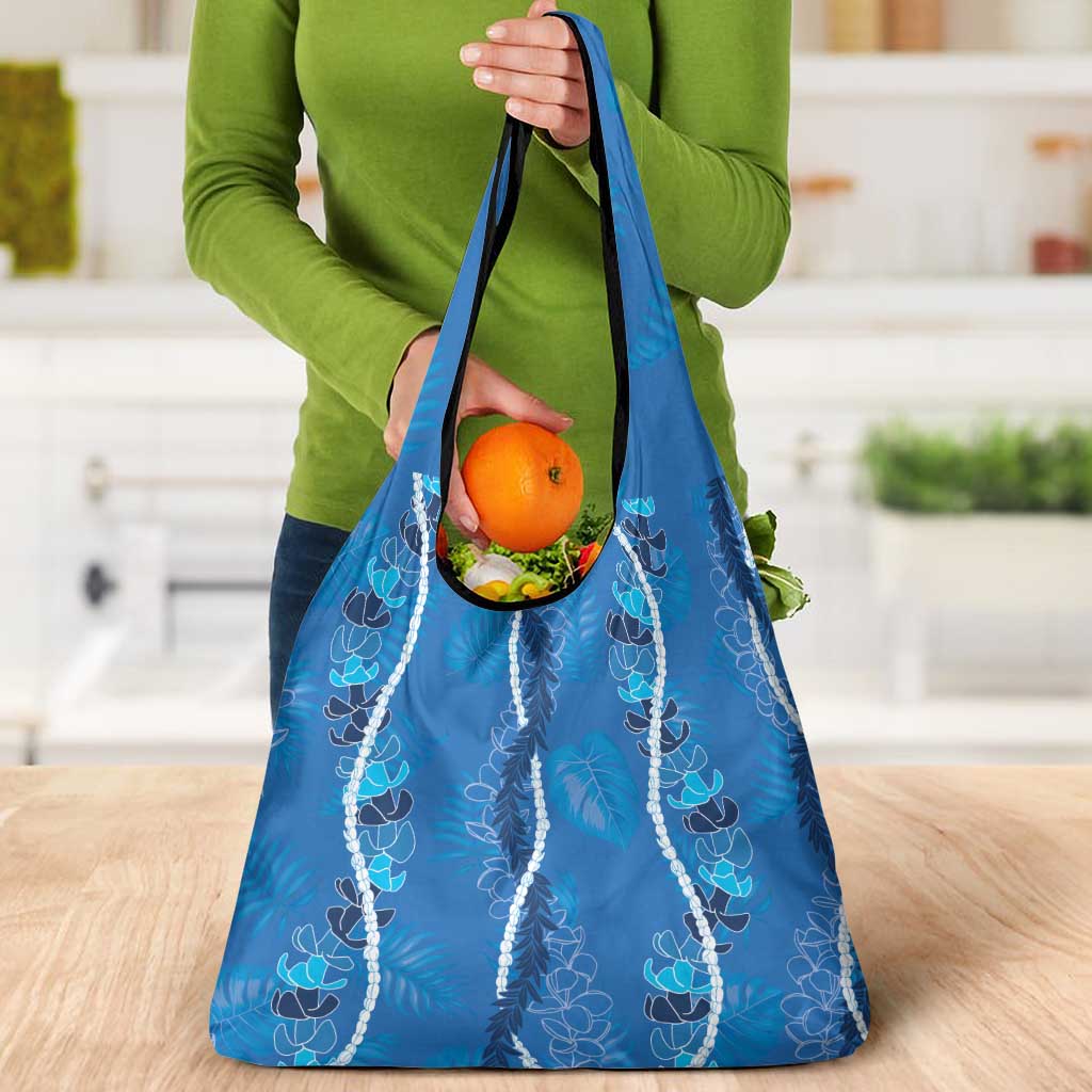 Hawaii Maile Lei Grocery Bag With Blue Monstera Pattern LT05 - Polynesian Pride