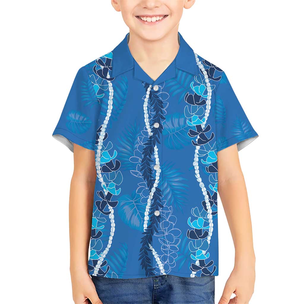 Hawaii Maile Lei Kid Hawaiian Shirt With Blue Monstera Pattern