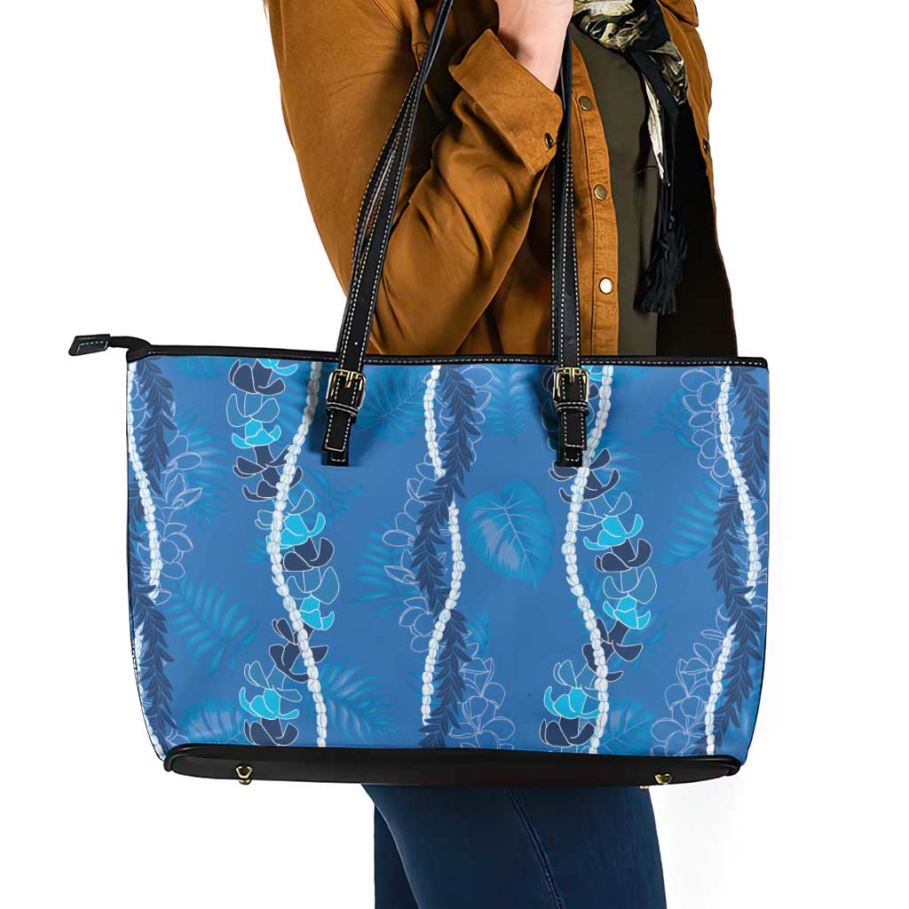 Hawaii Maile Lei Leather Tote Bag With Blue Monstera Pattern LT05 - Polynesian Pride