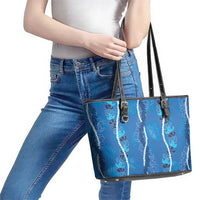 Hawaii Maile Lei Leather Tote Bag With Blue Monstera Pattern LT05 - Polynesian Pride