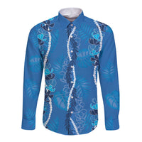 Hawaii Maile Lei Long Sleeve Button Shirt With Blue Monstera Pattern LT05 Unisex Blue - Polynesian Pride